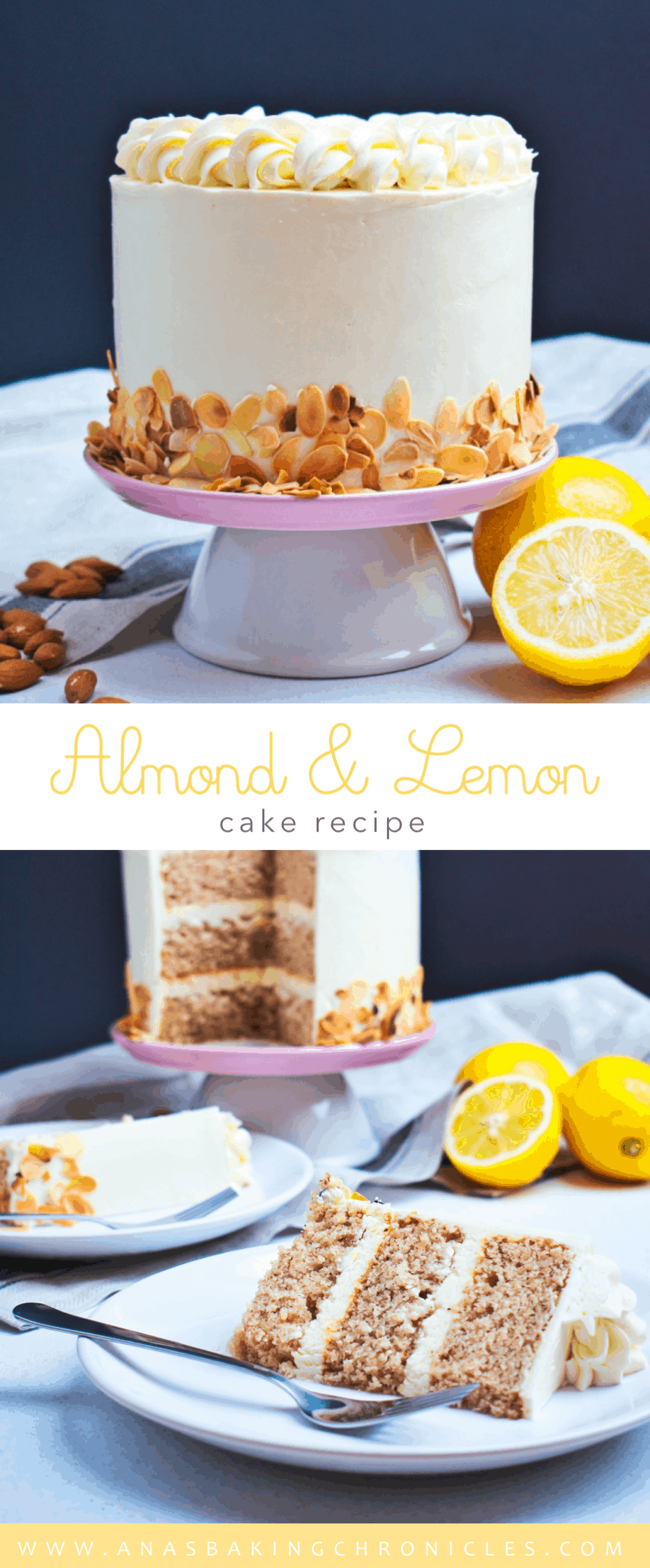 This Almond & Lemon Cake is truly magnificent. Soft and moist almond cake with a hint of cinnamon, filled with lemon cream cheese frosting and coated in lemon buttercream.⎪www.anasbakingchronicles.com