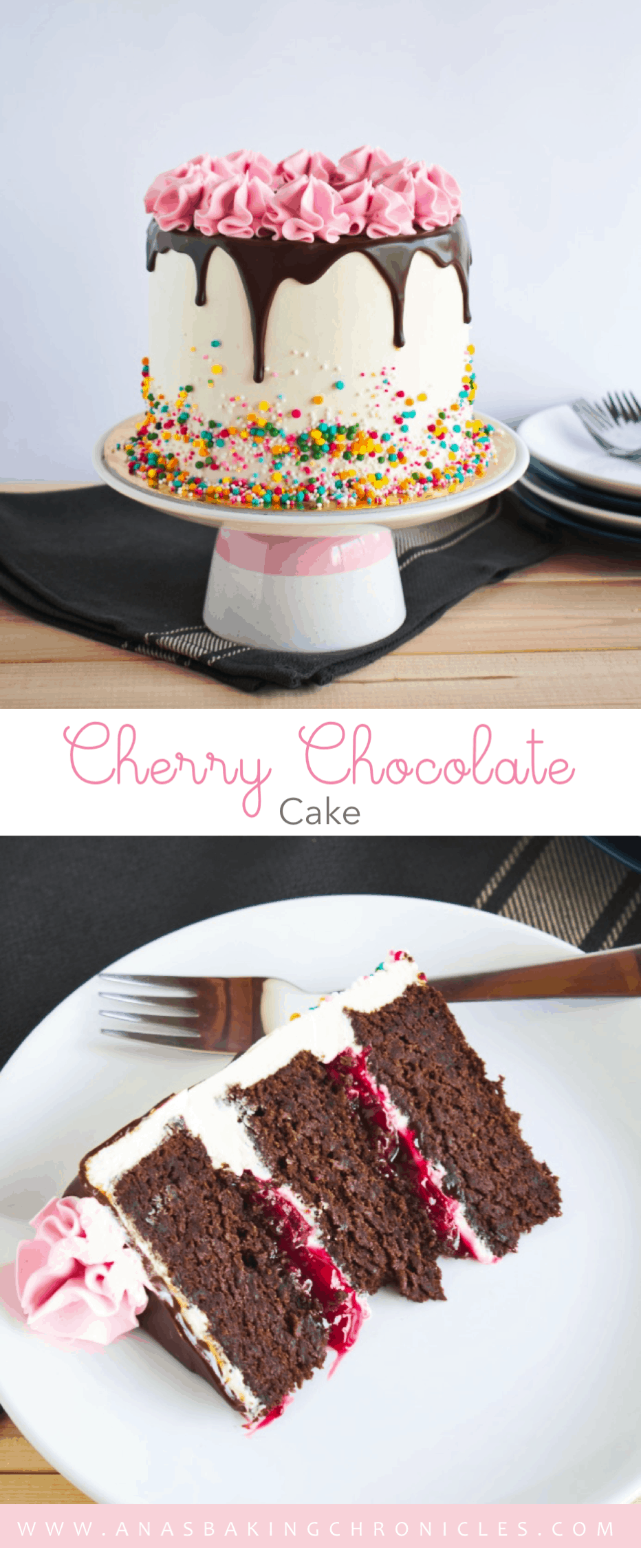 This Cherry Chocolate Cake is pure heaven. Fudgy and moist chocolate cake filled with sour cherry filling and vanilla buttercream - delish!⎪www.anasbakingchronicles.com