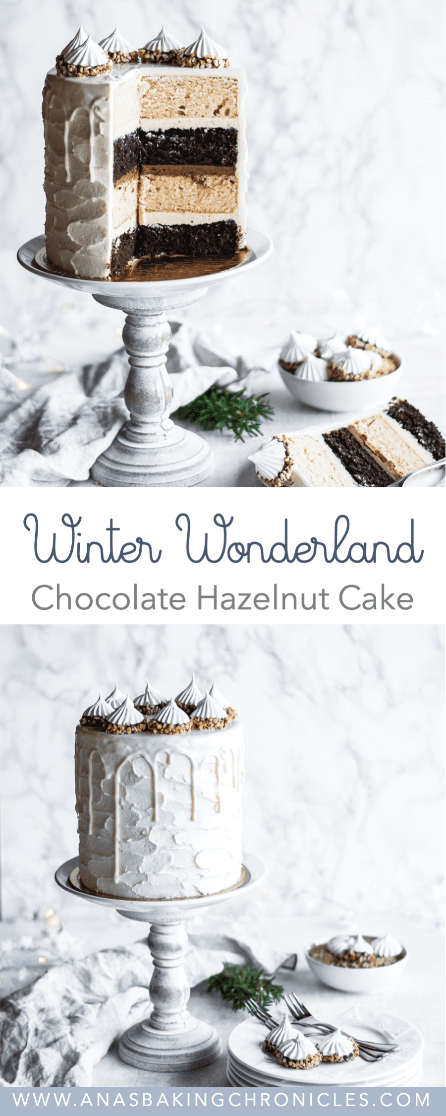 Four layers of delicious and moist cake, alternating between rich chocolate cake and tender hazelnut cake, filled with amazing white chocolate hazelnut ganache filling and coated in silky vanilla buttercream. It’s a dream come true!⎪www.anasbakingchronicles.com