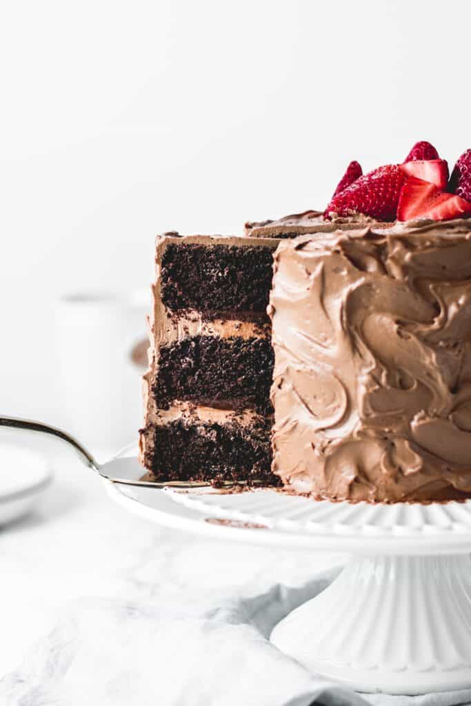 A slice of chocolate cake on a serving knife.