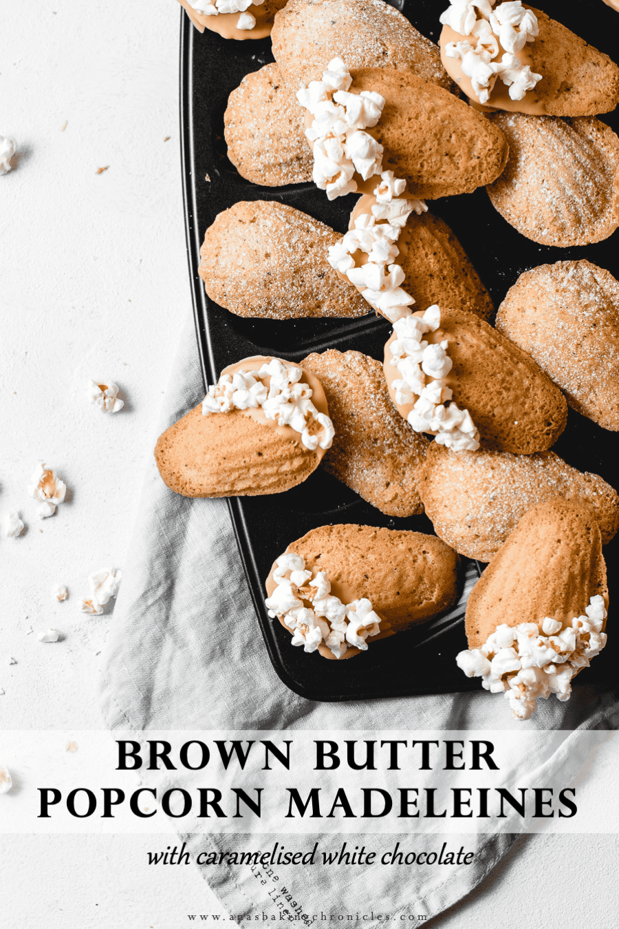 Soft and delicious brown butter madeleines, dipped in gorgeous caramelised white chocolate and sprinkled with salted popcorn. Guaranteed to sweep you off of your feet! ⎪www.anasbakingchronicles.com