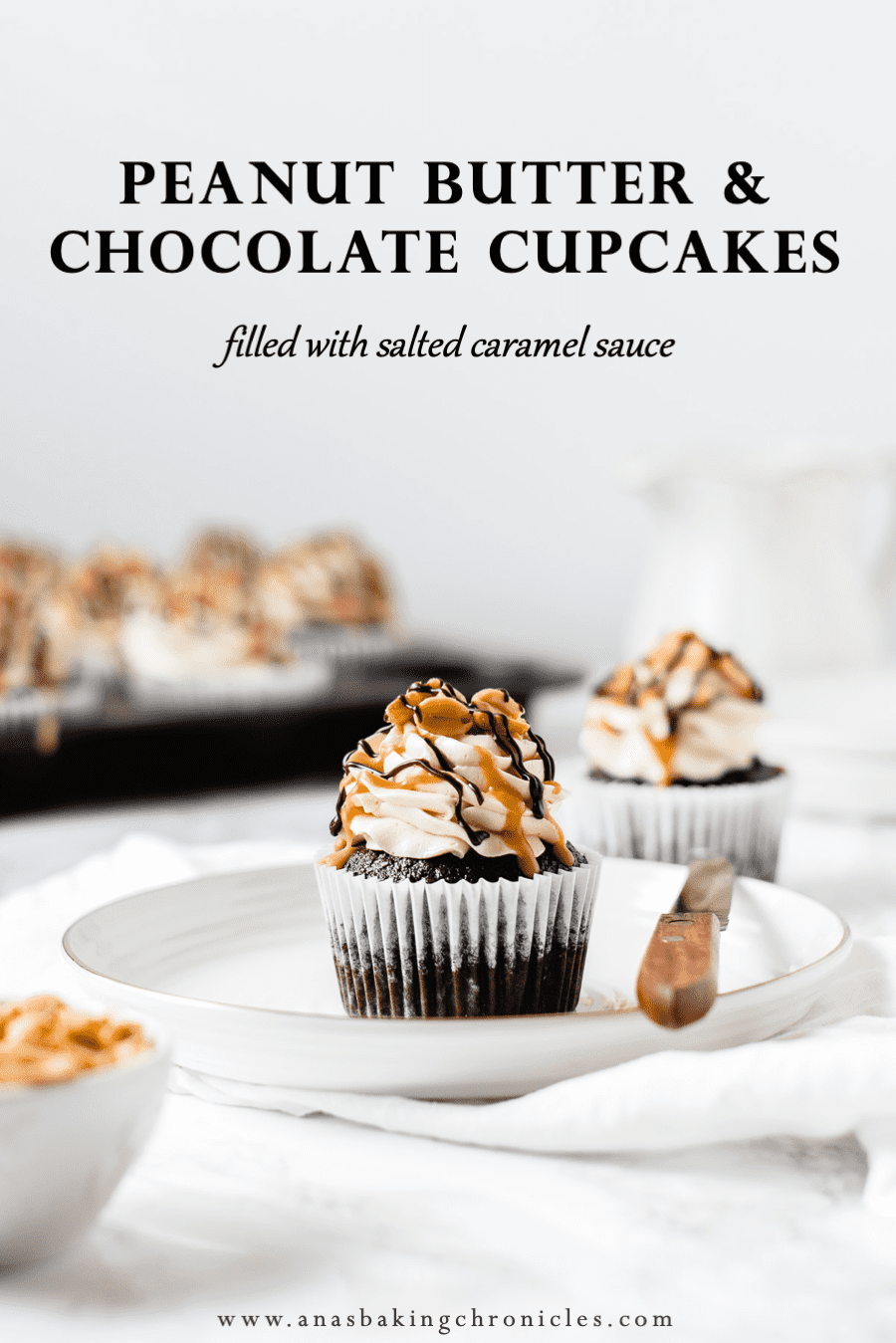 Rich and moist chocolate cupcakes, filled with amazing salted caramel sauce and topped with silky peanut butter buttercream frosting. A classic that nobody can say no to!⎪www.anasbakingchronicles.com