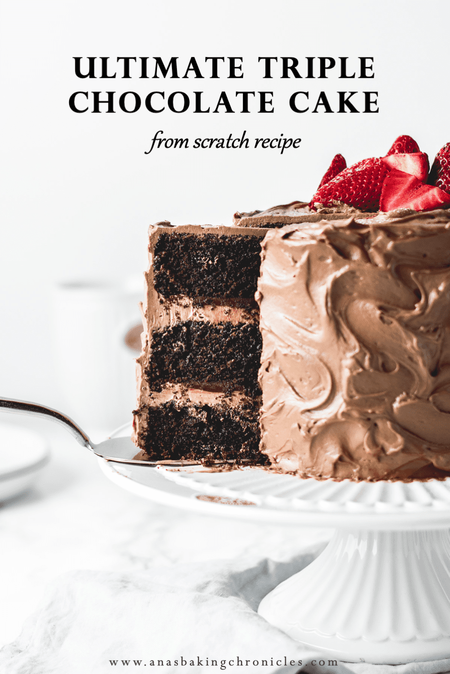 Three layers of rich and soft chocolate cake, paired with light and airy chocolate buttercream and filled with luscious dark chocolate ganache. It doesn\'t get more chocolatey than this!