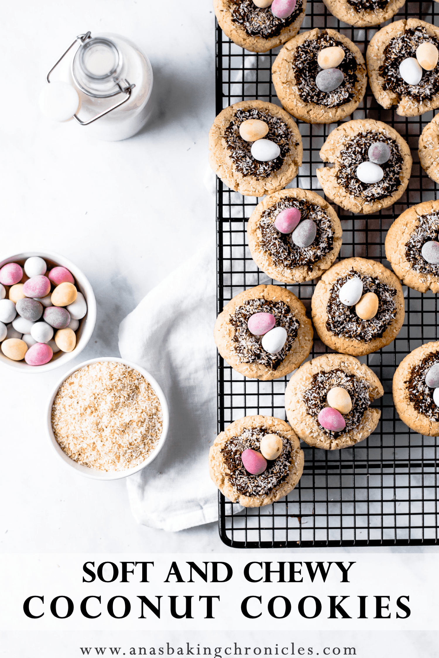 Crispy on the outside, but soft and chewy on the inside, these coconut cookies with chocolate coconut nests are the perfect thing for Easter!⎪www.anasbakingchronicles.com