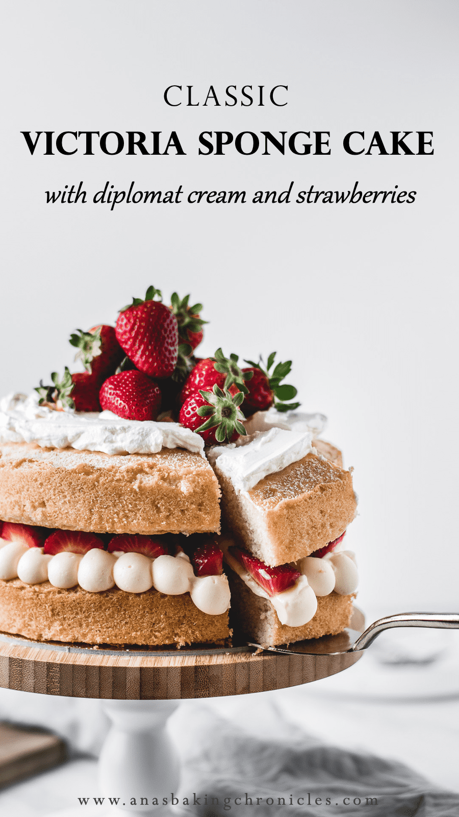 This is one of those traditional bakes that everyone\'s going to love. Soft and fluffy vanilla cake layers filled with light and airy diplomat cream and fresh strawberries. Delicious!⎪www.anasbakingchronicles.com