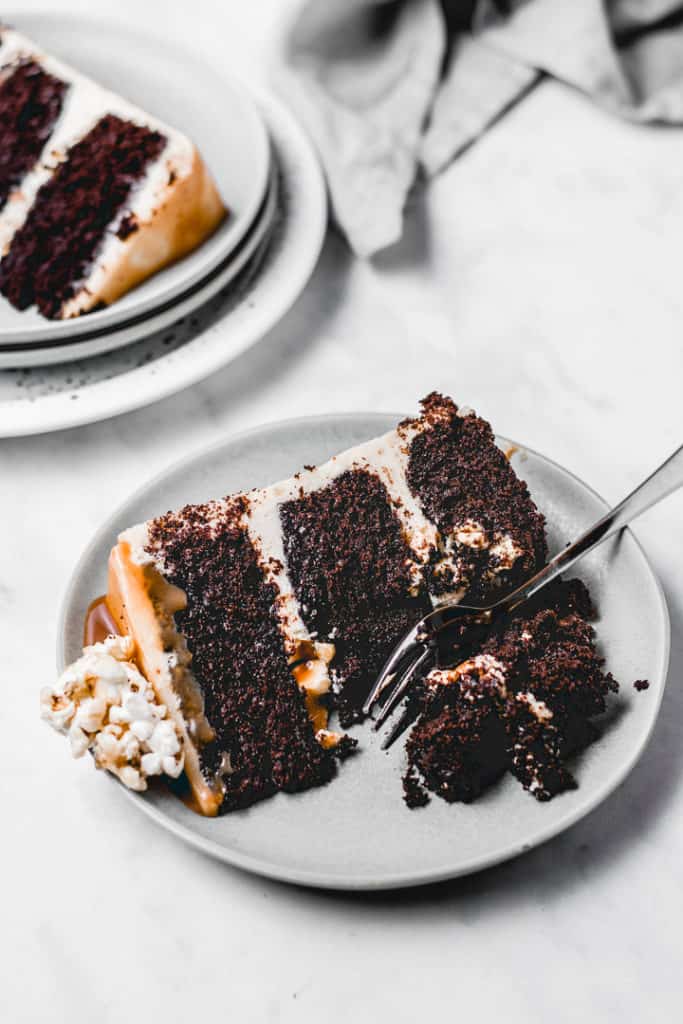 Three layers of rich, moist chocolate cake, paired with amazing brown butter popcorn frosting and caramel popcorn in between the layers for a little bit of crunch! Heavily drizzled with caramel sauce, this Caramel Popcorn Chocolate Cake is a showstopper! ⎪www.anasbakingchronicles.com

#chocolatecake
#caramelpopcorn
#caramelpopcorncake
#brownbutterfrosting 