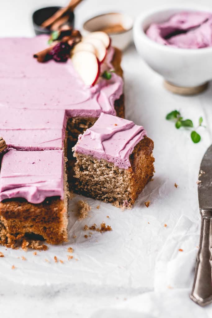 Delicious and moist Apple Spice Sheet Cake, paired with beautiful and tangy Blackberry Mascarpone frosting. ⎪www.anasbakingchronicles.com