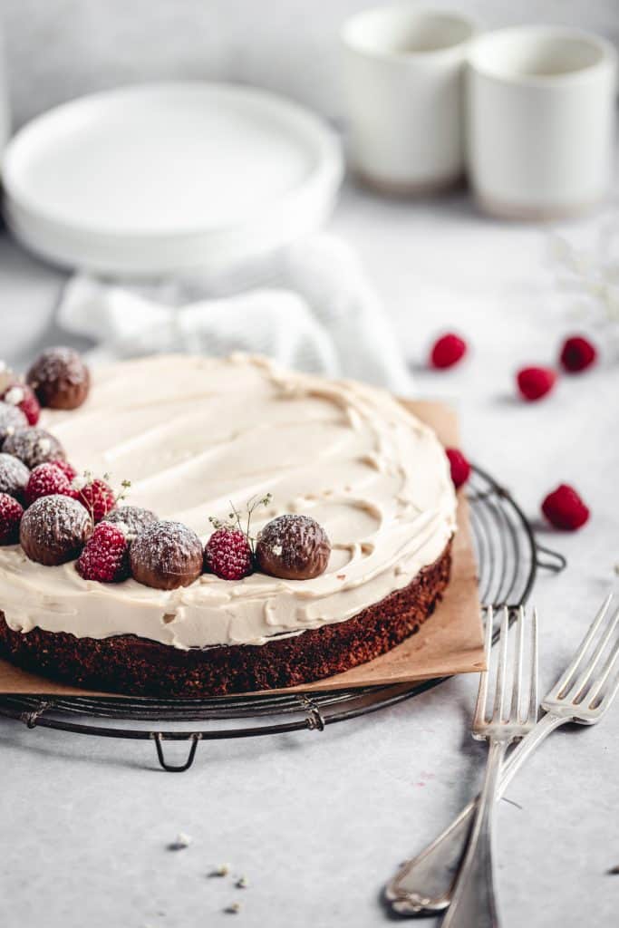 Flourless and gluten free chocolate cake with Irish cream mascarpone frosting.