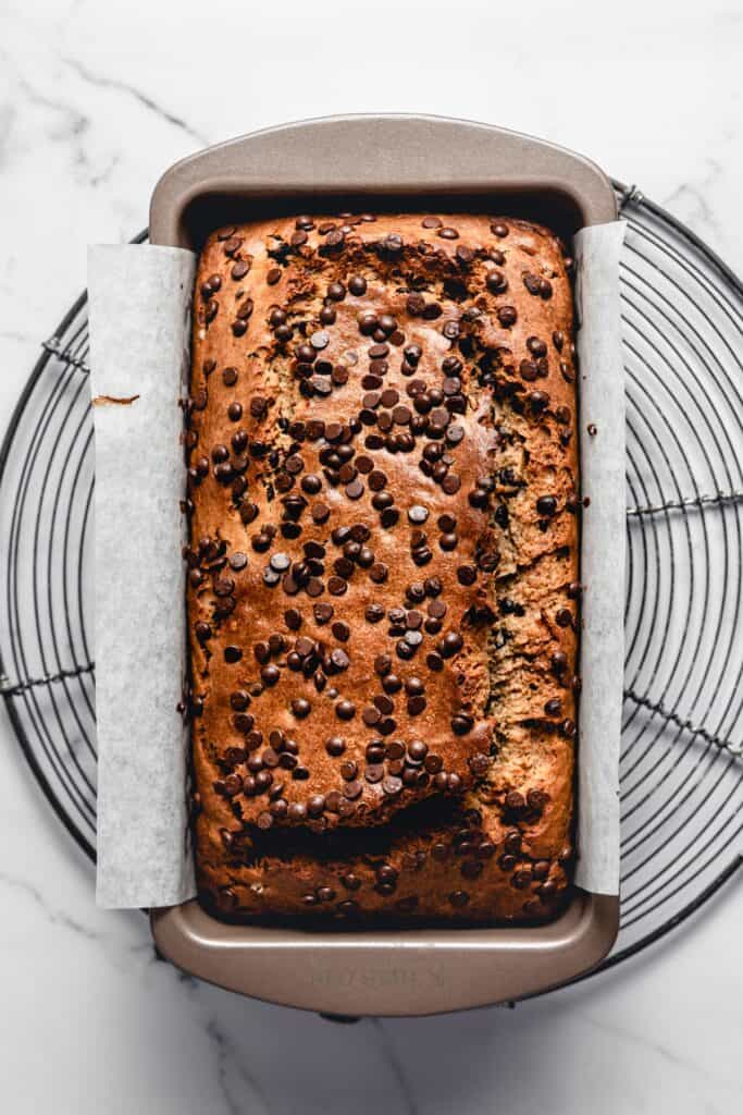 Step 6. Baked peanut butter banana bread on a cooling rack.