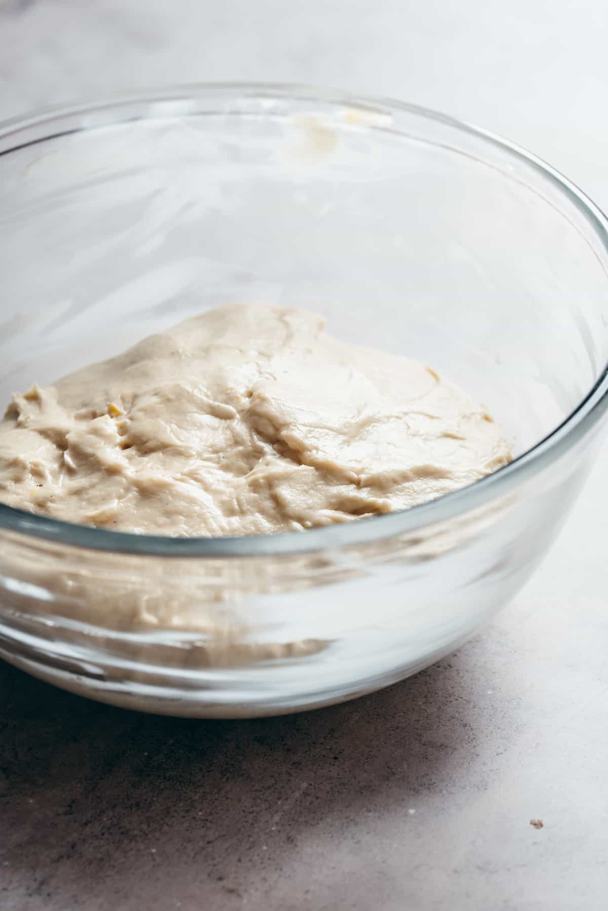 Vegan doughnut dough in a bowl before proofing