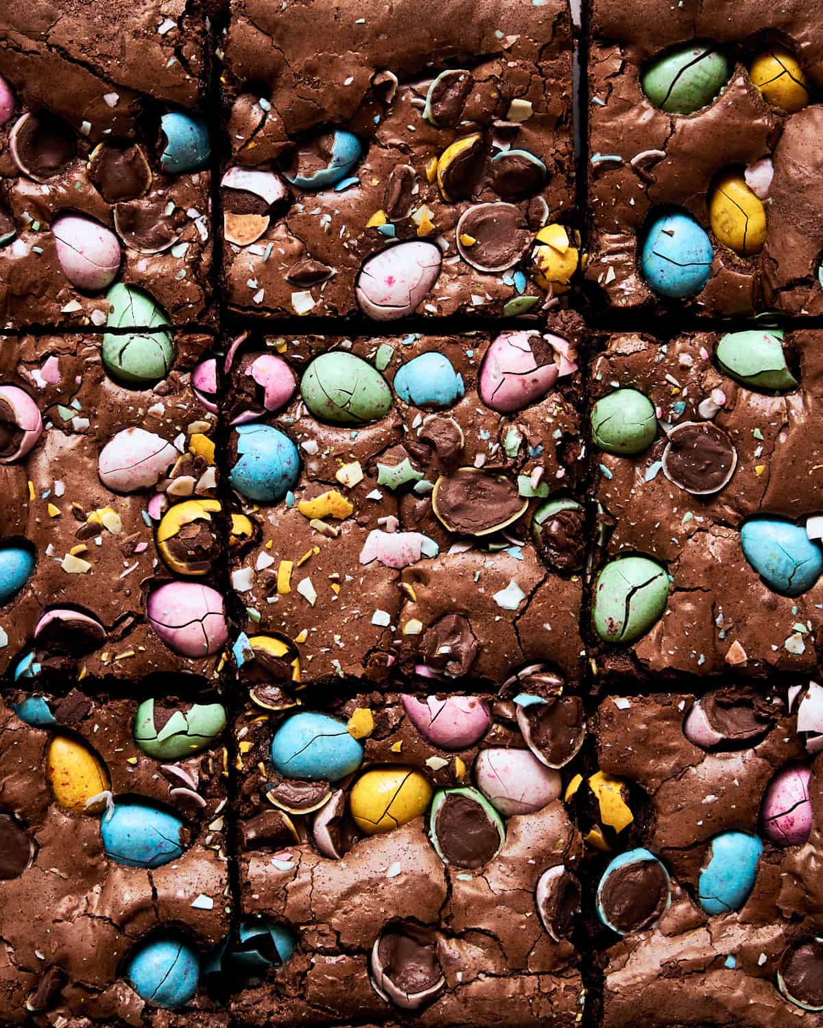 Close-up shot of sliced Mini Egg Brownies.