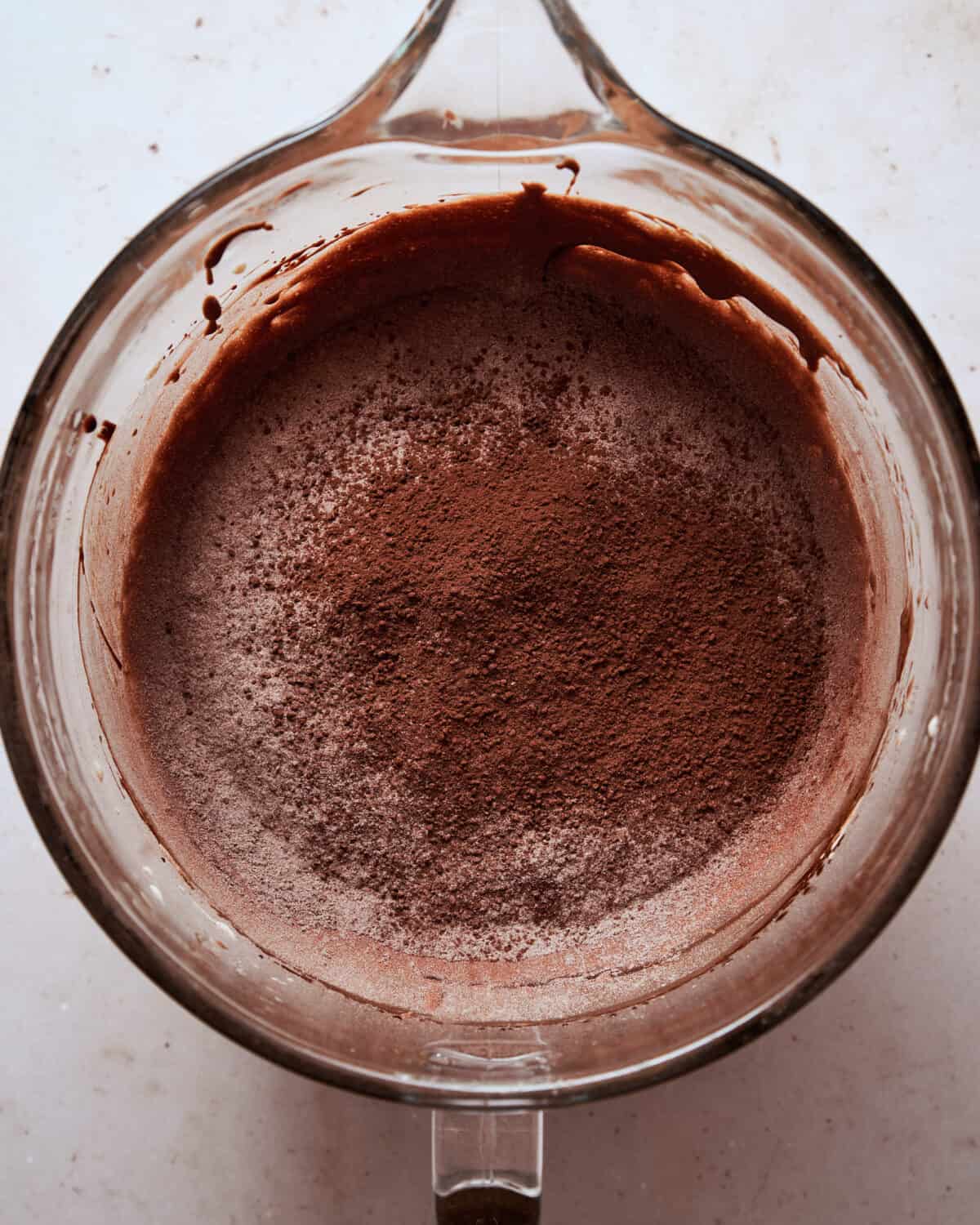 Cocoa powder and flour added to the chocolate batter.